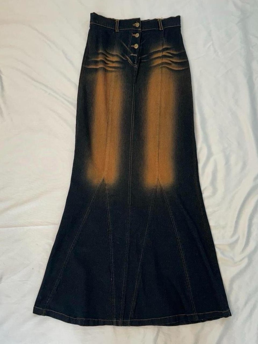 Vintage Dark Wash Gradient Color Contrast Denim Mermaid Maxi Skirt by Moa